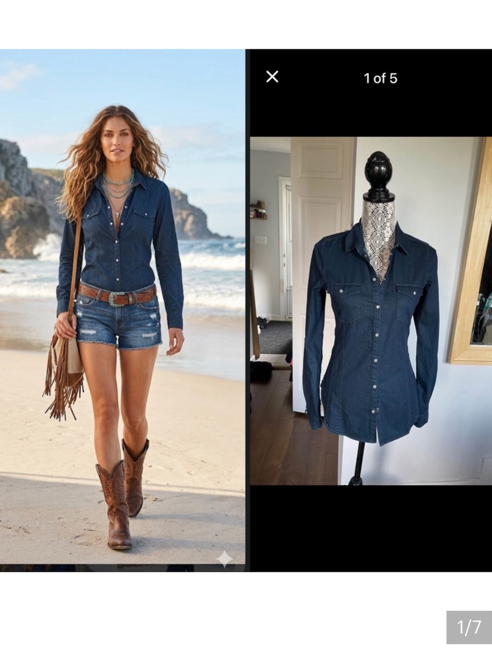 NWT Simons 100% Cotton Dark Denim Button Up Shirt. Coastal Cowgirl Yee Haw! XS 🤠